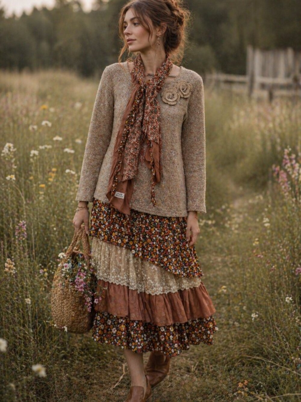 Molly Bracken Dress (10/M) BrownTan Boho Layered Lace Chic Whimsical Prairie